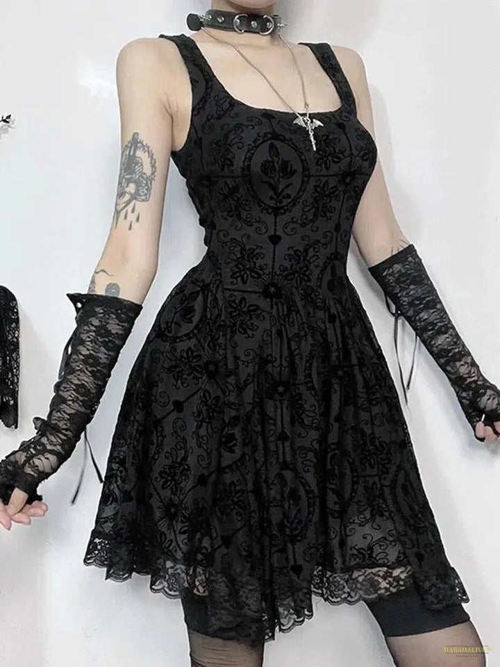 Goth Mall Goth A-line Dress Women Aesthetic Fairycore Grunge Streetwear Y2k E-girl Lace Patchwork High Waist Irregular Dress