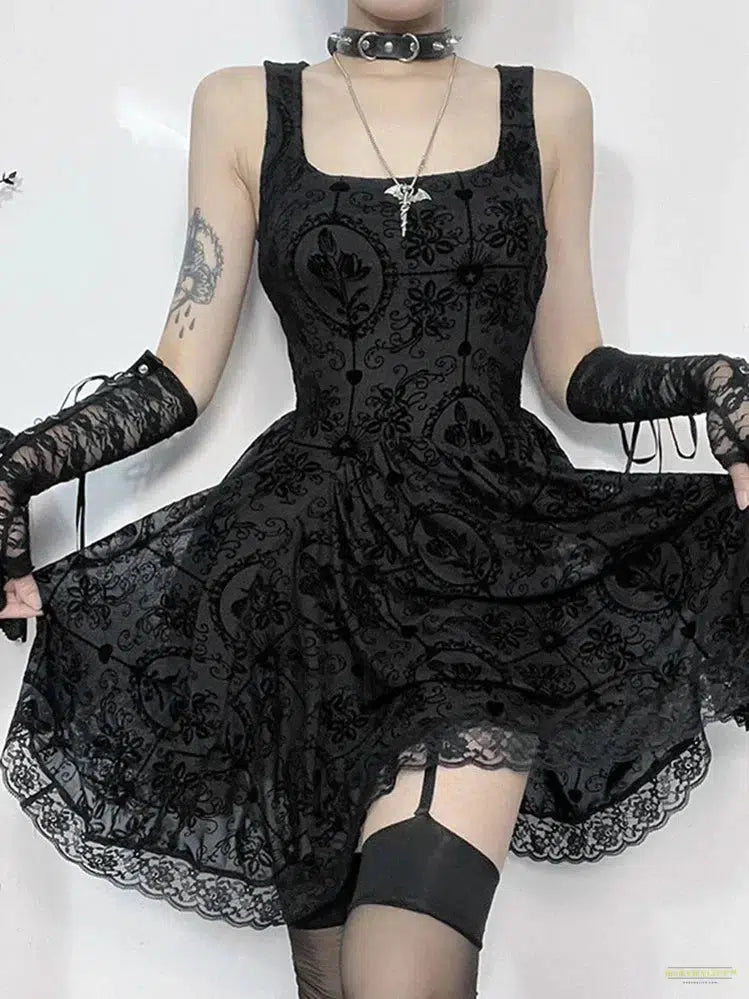 Goth Mall Goth A-line Dress Women Aesthetic Fairycore Grunge Streetwear Y2k E-girl Lace Patchwork High Waist Irregular Dress