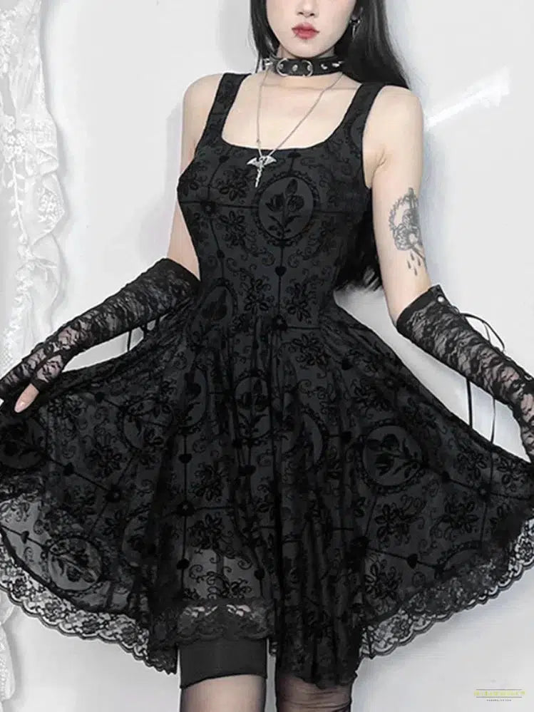 Goth Mall Goth A-line Dress Women Aesthetic Fairycore Grunge Streetwear Y2k E-girl Lace Patchwork High Waist Irregular Dress