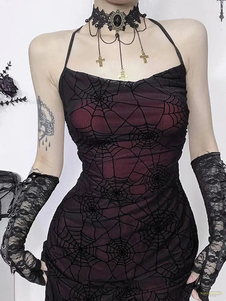 Goth Mall Goth Spider Web Dress Women Vintage Dark Coquette Spaghetti Strap High Waist Party Dress Y2k Emo Alt Indie Outfits