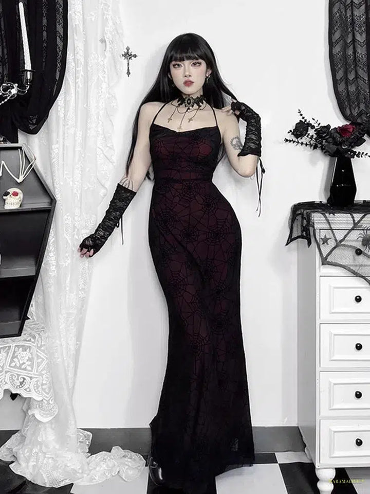 Goth Mall Goth Spider Web Dress Women Vintage Dark Coquette Spaghetti Strap High Waist Party Dress Y2k Emo Alt Indie Outfits