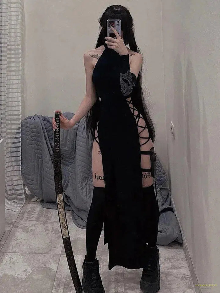 Goth Mall Goth Split Long Dress Women Vintage Cyberpunk Harajuku Grunge Hollow Out Lace Up Halter Sleeveless Black Dresses