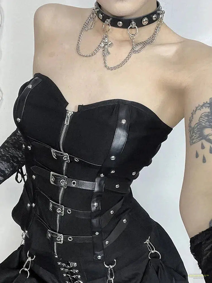 Goth Mall Gothic Alt Vest Women Streetwear Harajuku Grunge Pu Patchwork Zipper Crop Tank Tops Halloween Cosplay Outfits Femme