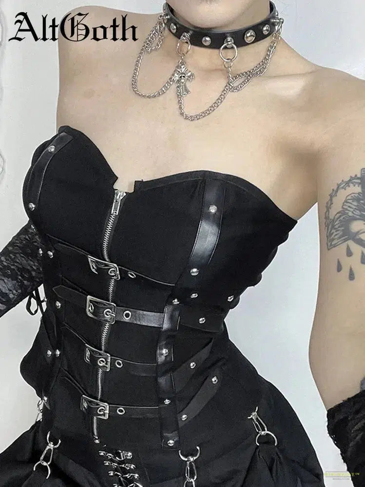 Goth Mall Gothic Alt Vest Women Streetwear Harajuku Grunge Pu Patchwork Zipper Crop Tank Tops Halloween Cosplay Outfits Femme