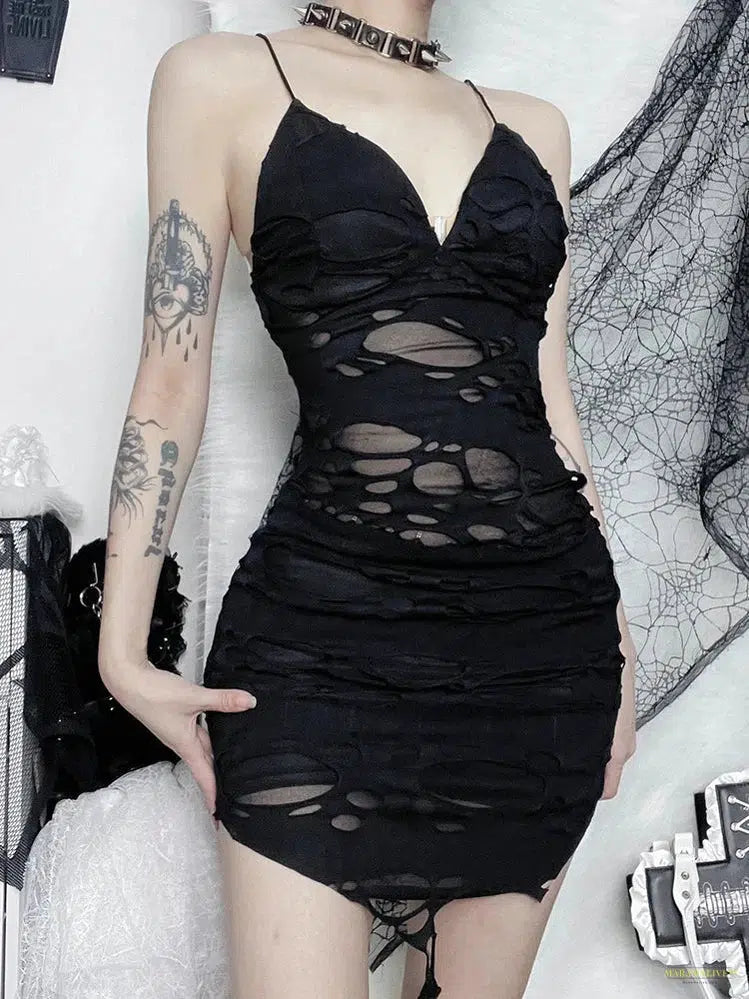 Goth Punk Sexy Bodycon Dress Women Mall Gothic Streetwear Tattered Strapless Mini Dress Harajuku Y2k Emo Alt Clubwear Female