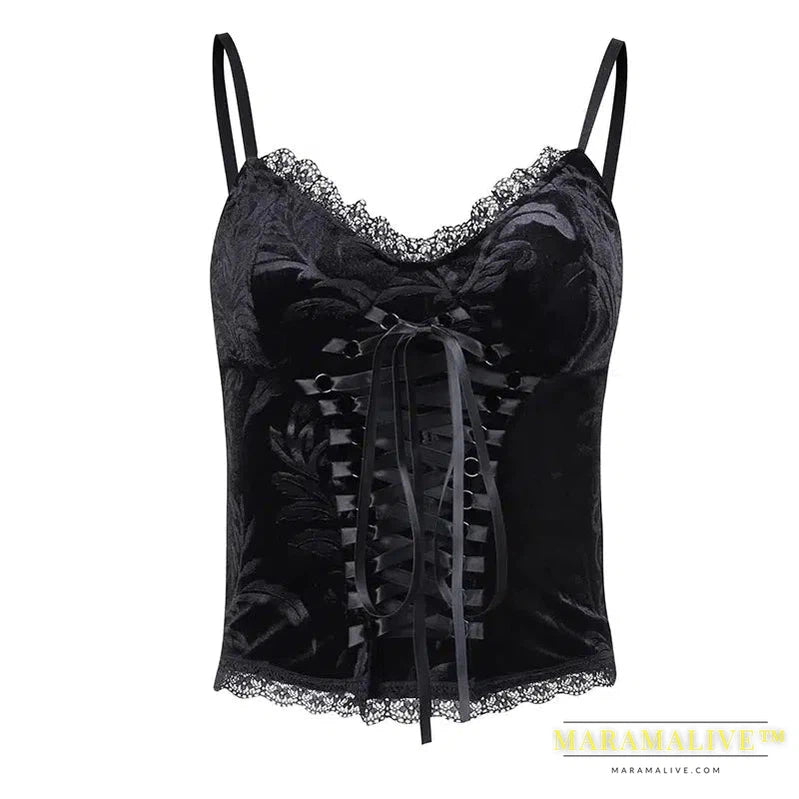 Goth Sexy Lace Corset Crop Tops Camis Y2K Harajuku Aesthetic Black Red Cross Basic Tank Top Summer Women Grunge Emo Streetwear