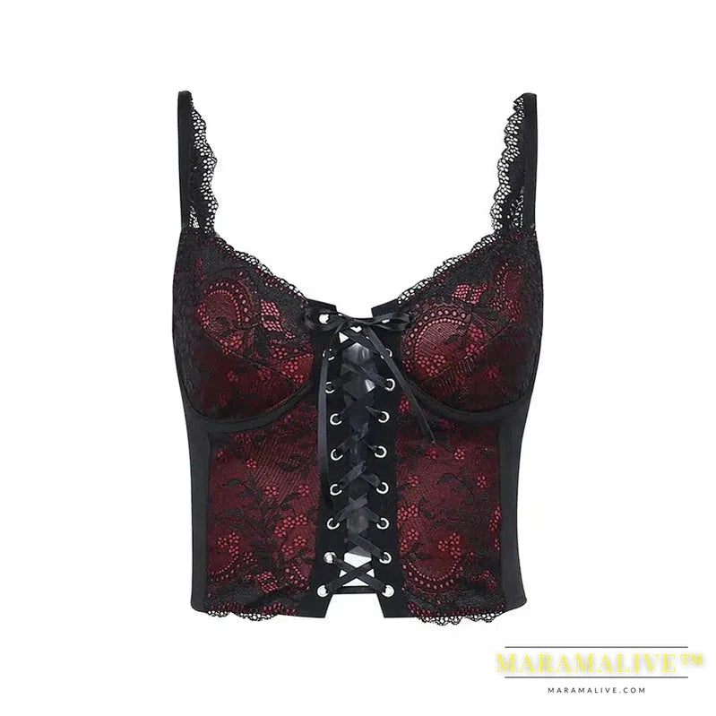 Goth Sexy Lace Corset Crop Tops Camis Y2K Harajuku Aesthetic Black Red Cross Basic Tank Top Summer Women Grunge Emo Streetwear