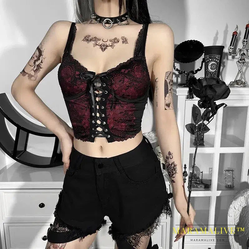 Goth Sexy Lace Corset Crop Tops Camis Y2K Harajuku Aesthetic Black Red Cross Basic Tank Top Summer Women Grunge Emo Streetwear