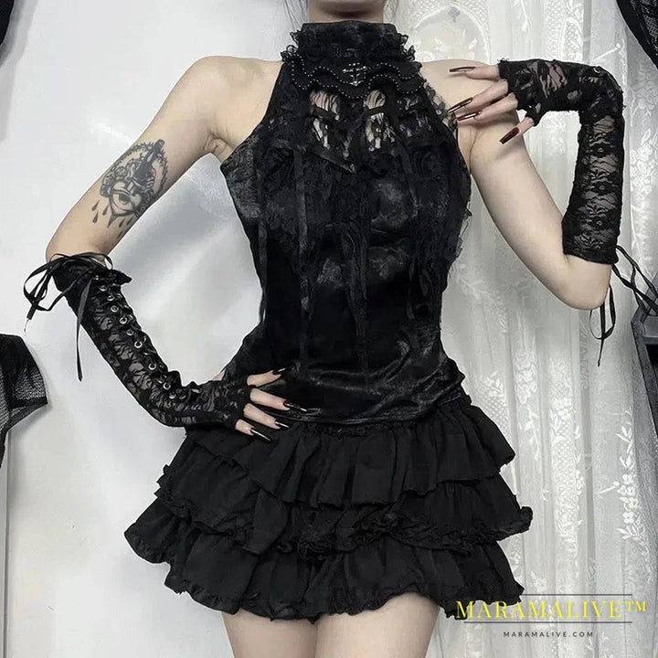 Goth Sexy Lace Corset Crop Tops Camis Y2K Harajuku Aesthetic Black Red Cross Basic Tank Top Summer Women Grunge Emo Streetwear