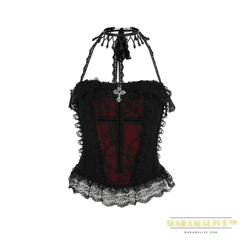 Goth Sexy Lace Corset Crop Tops Camis Y2K Harajuku Aesthetic Black Red Cross Basic Tank Top Summer Women Grunge Emo Streetwear