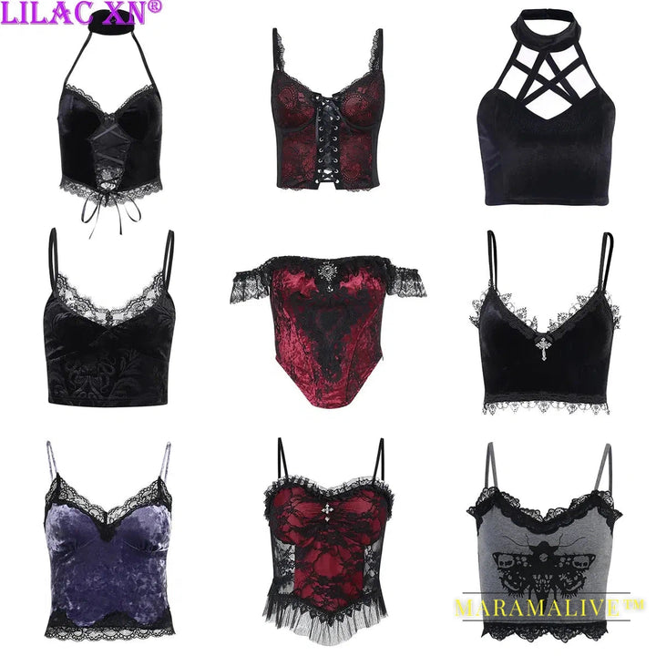 Goth Sexy Lace Corset Crop Tops Camis Y2K Harajuku Aesthetic Black Red Cross Basic Tank Top Summer Women Grunge Emo Streetwear