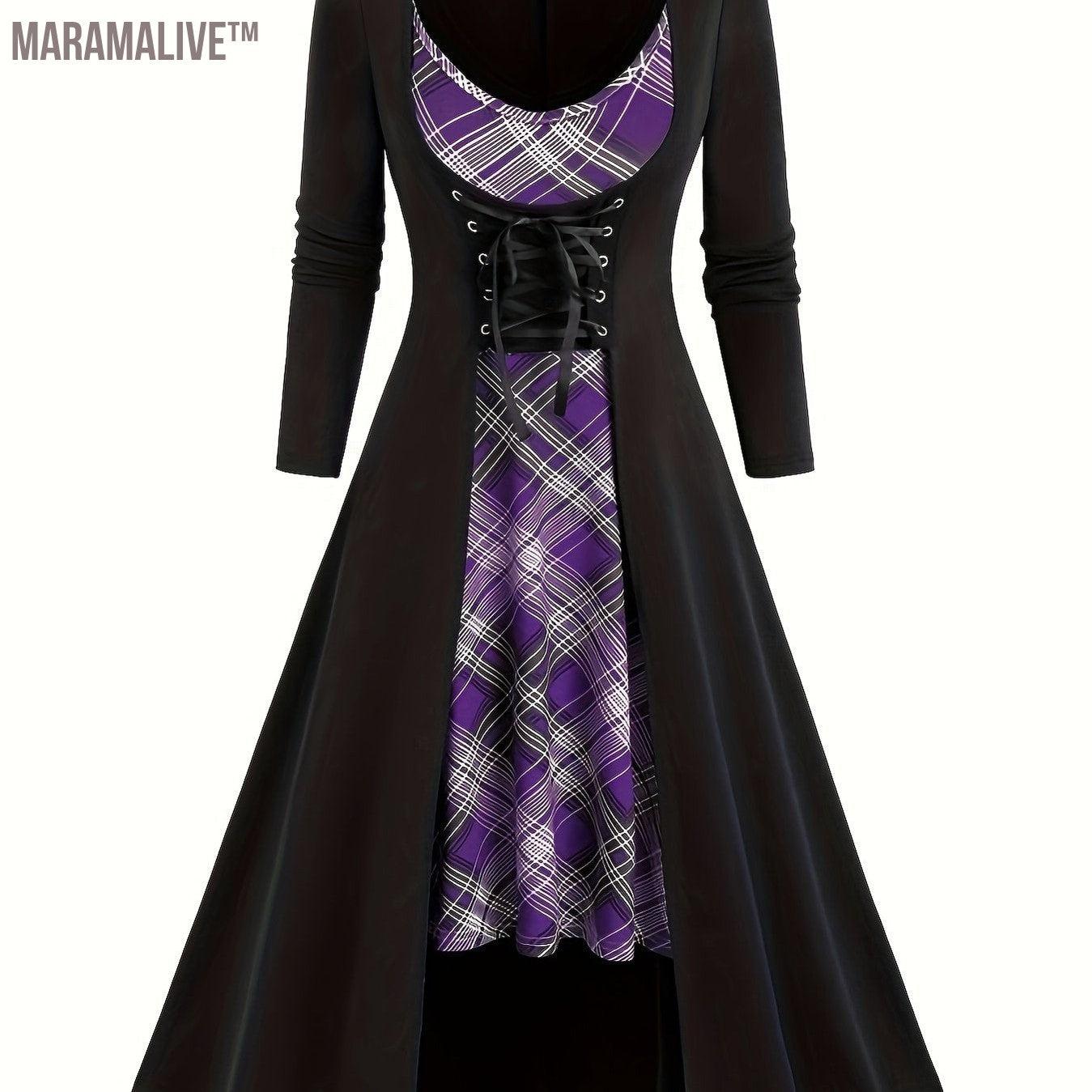 Goth Two-piece Set, Vintage Plaid Pattern Spaghetti Strap Dress & Long Sleeve Tunics Outfits, Women's Clothing