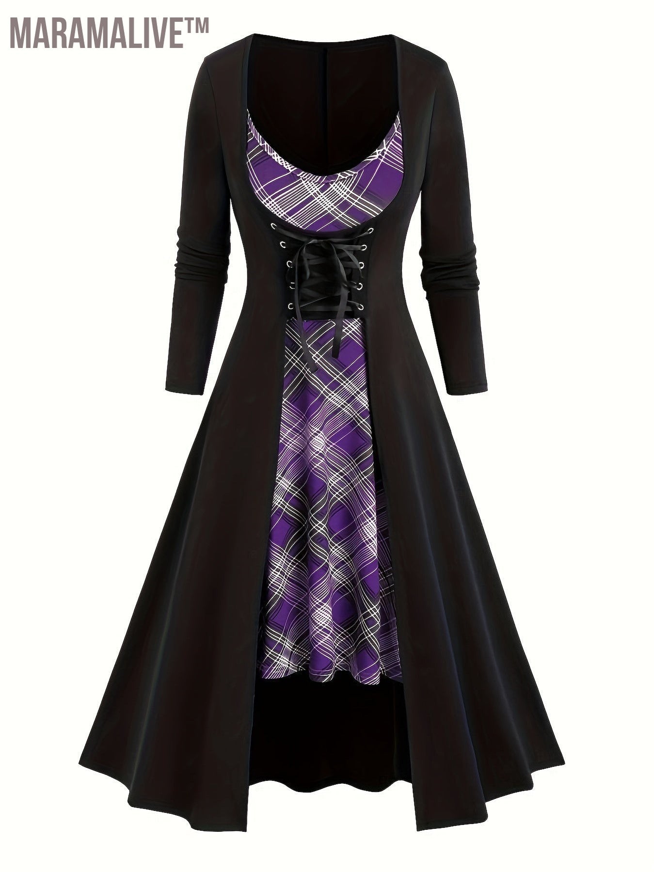 Goth Two-piece Set, Vintage Plaid Pattern Spaghetti Strap Dress & Long Sleeve Tunics Outfits, Women's Clothing