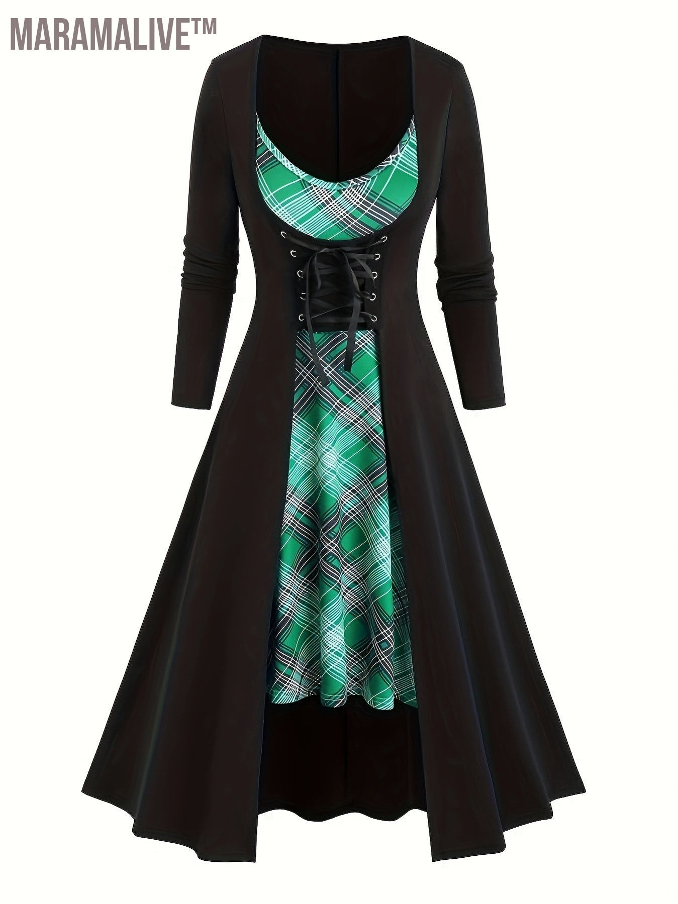 Goth Two-piece Set, Vintage Plaid Pattern Spaghetti Strap Dress & Long Sleeve Tunics Outfits, Women's Clothing