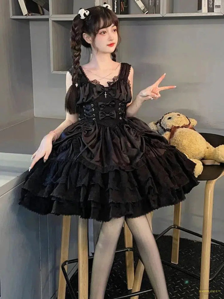 Goth Vintage Gothic Lolita Dress Women Punk Slim Bandage Princess Party Dresses Girls Cute Metal Cross Bow Evening Dress