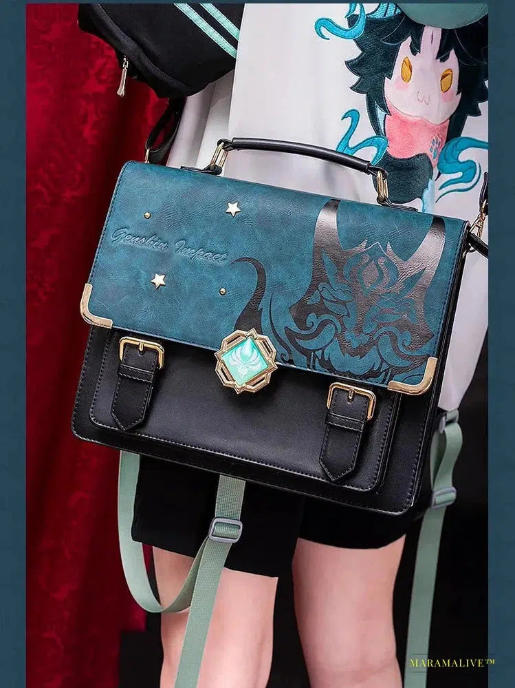 Gothic Anime-Inspired Genshin Impact Xiao Theme Cosplay Shoulder Bag | God's Eye PU Schoolbag - Unique Trendy Handbag