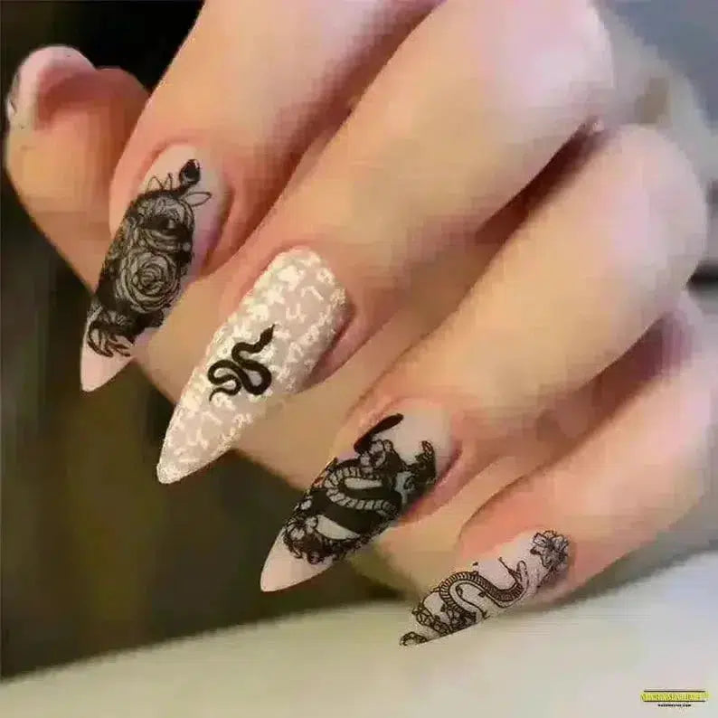 Gothic Armor Artwork - 24p/Box Long Ballet Acrylic Press-on Nails Set, Dark Serpentine Flower False Fashion Nails, Retro Removable