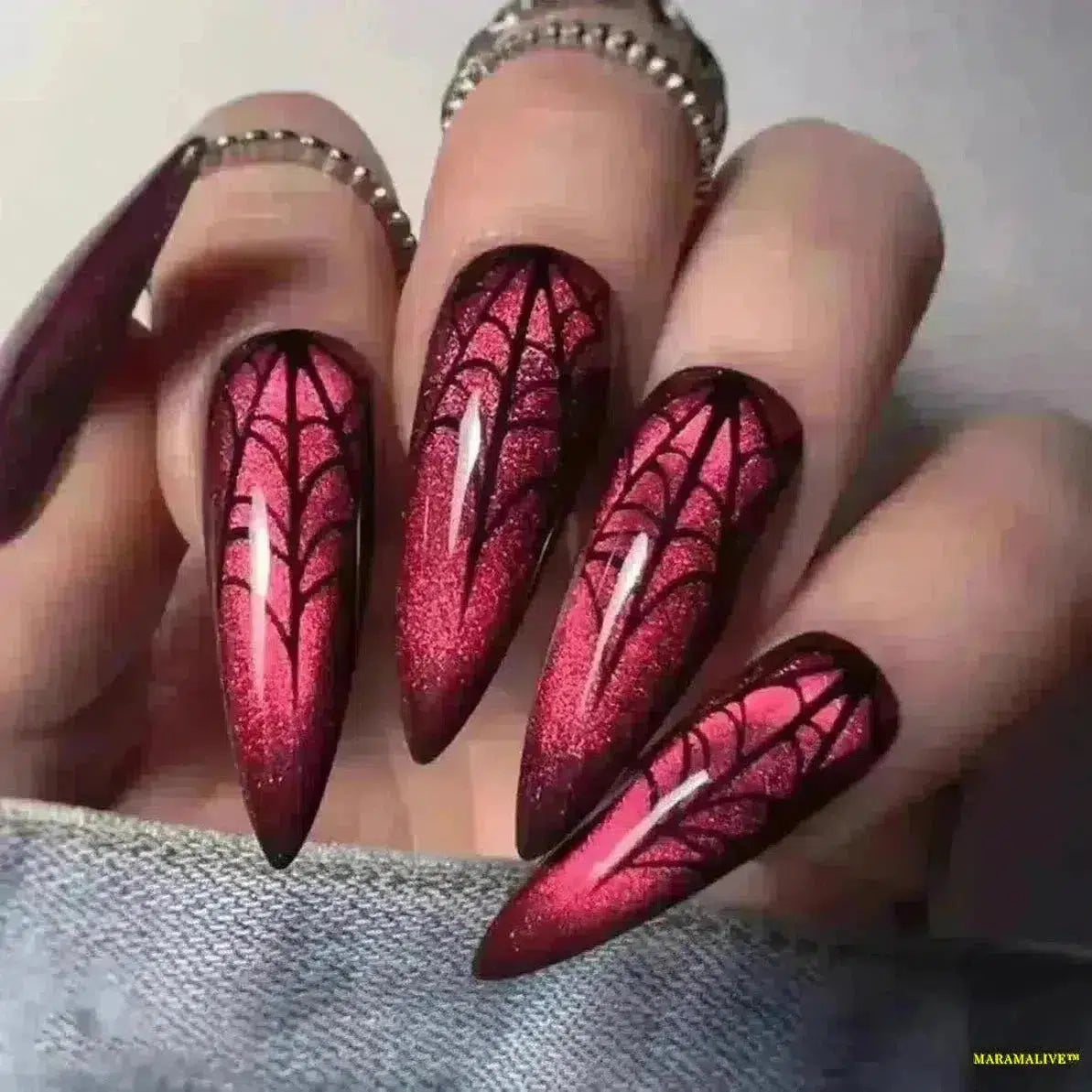 Gothic Bat & Shiny Purple Dragon Pattern Red Flame Cross Long Pointed False Nails- Detachable Halloween Press-on Nails