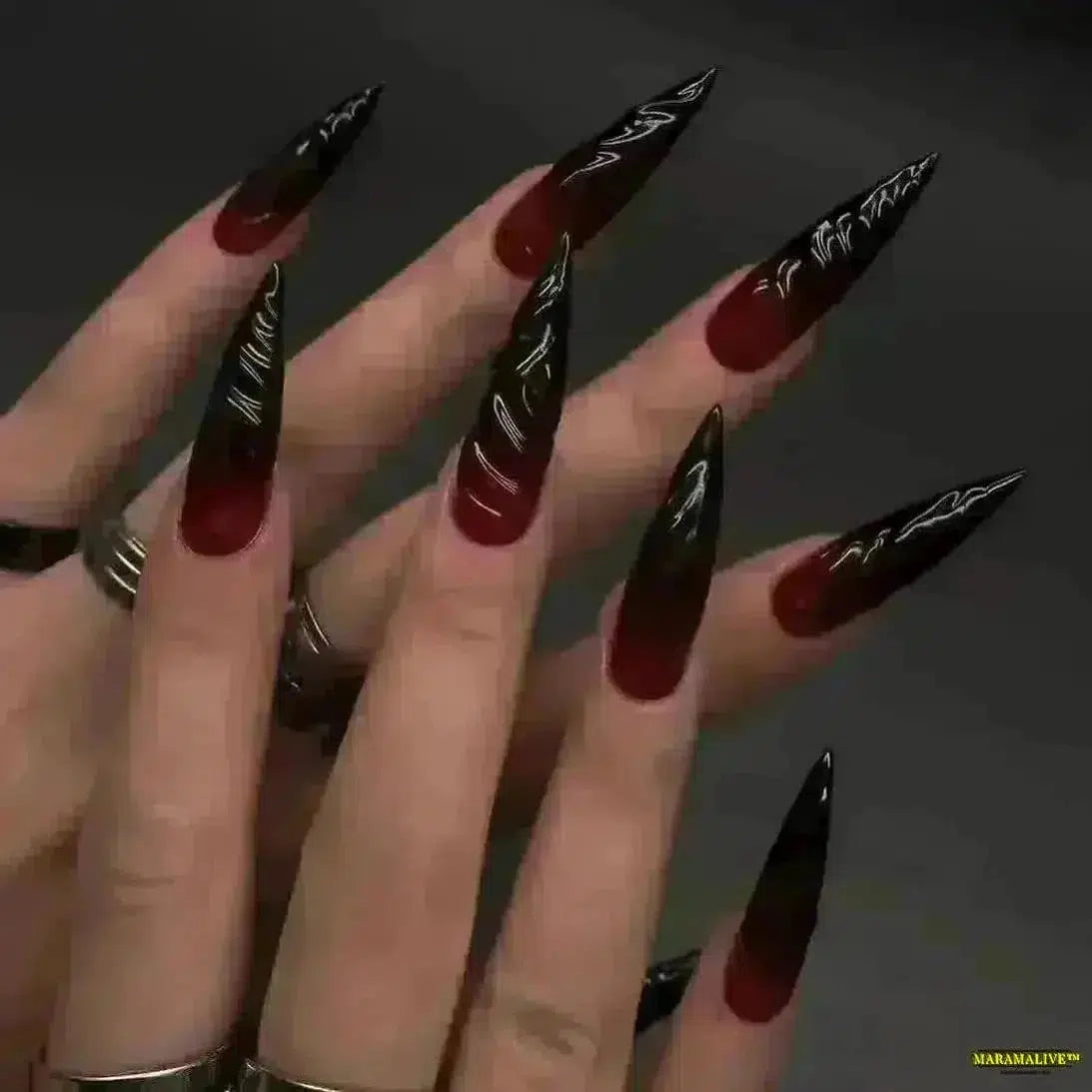 Gothic Bat & Shiny Purple Dragon Pattern Red Flame Cross Long Pointed False Nails- Detachable Halloween Press-on Nails