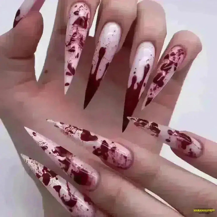 Gothic Bat & Shiny Purple Dragon Pattern Red Flame Cross Long Pointed False Nails- Detachable Halloween Press-on Nails