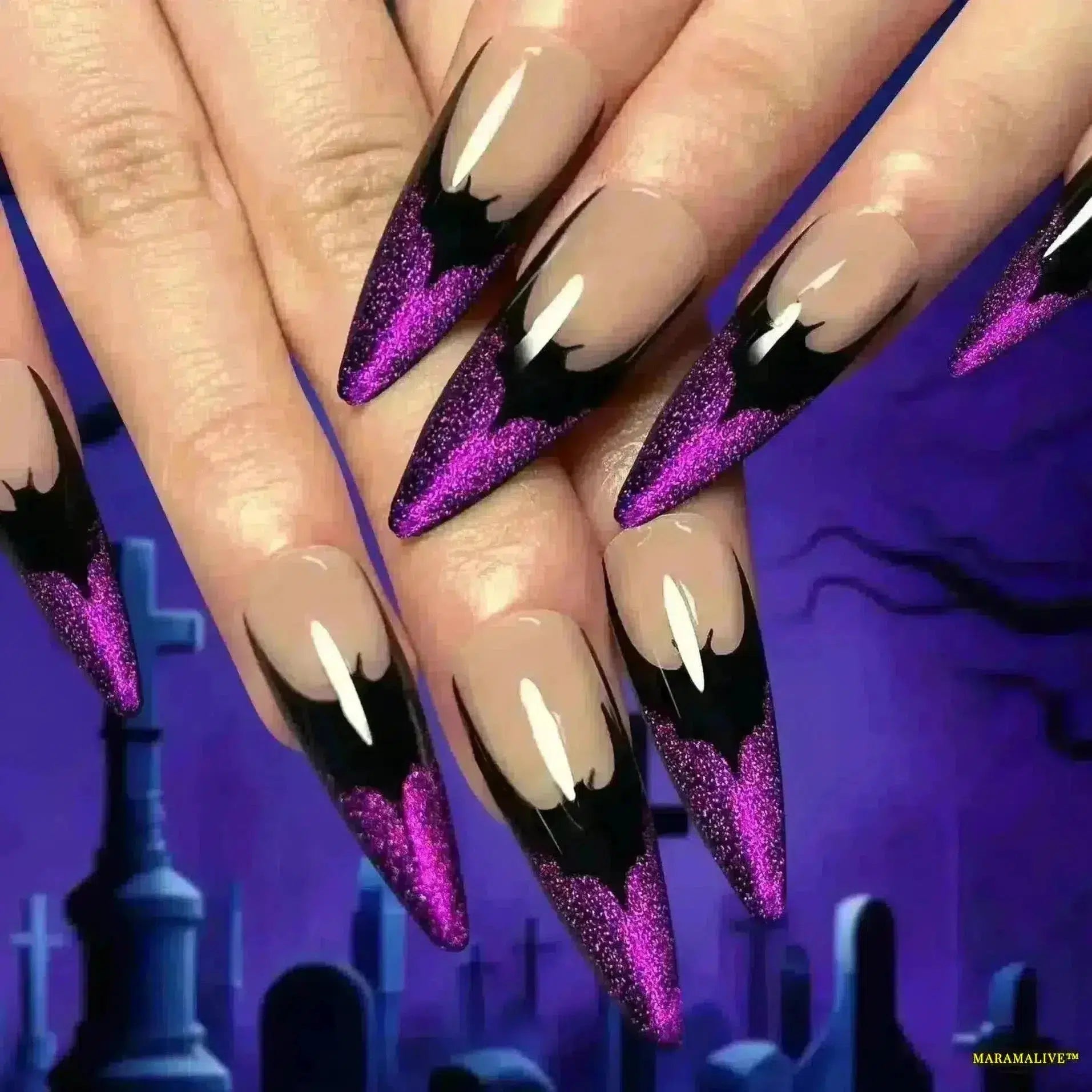 Gothic Bat & Shiny Purple Dragon Pattern Red Flame Cross Long Pointed False Nails- Detachable Halloween Press-on Nails