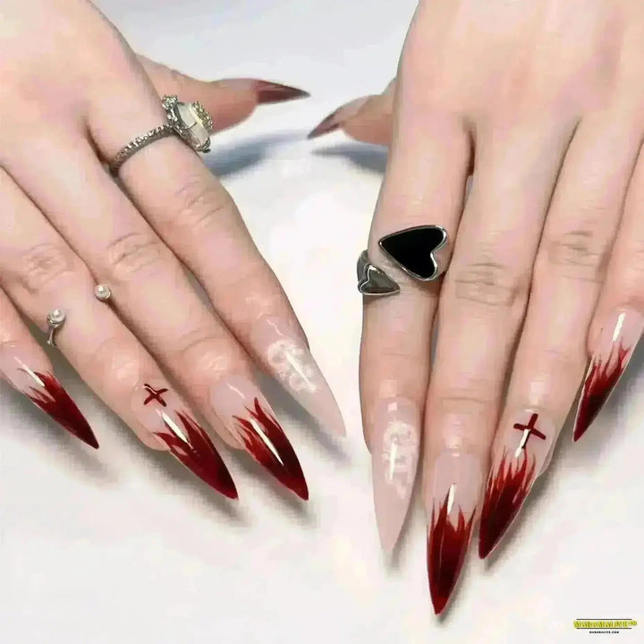 Gothic Bat & Shiny Purple Dragon Pattern Red Flame Cross Long Pointed False Nails- Detachable Halloween Press-on Nails