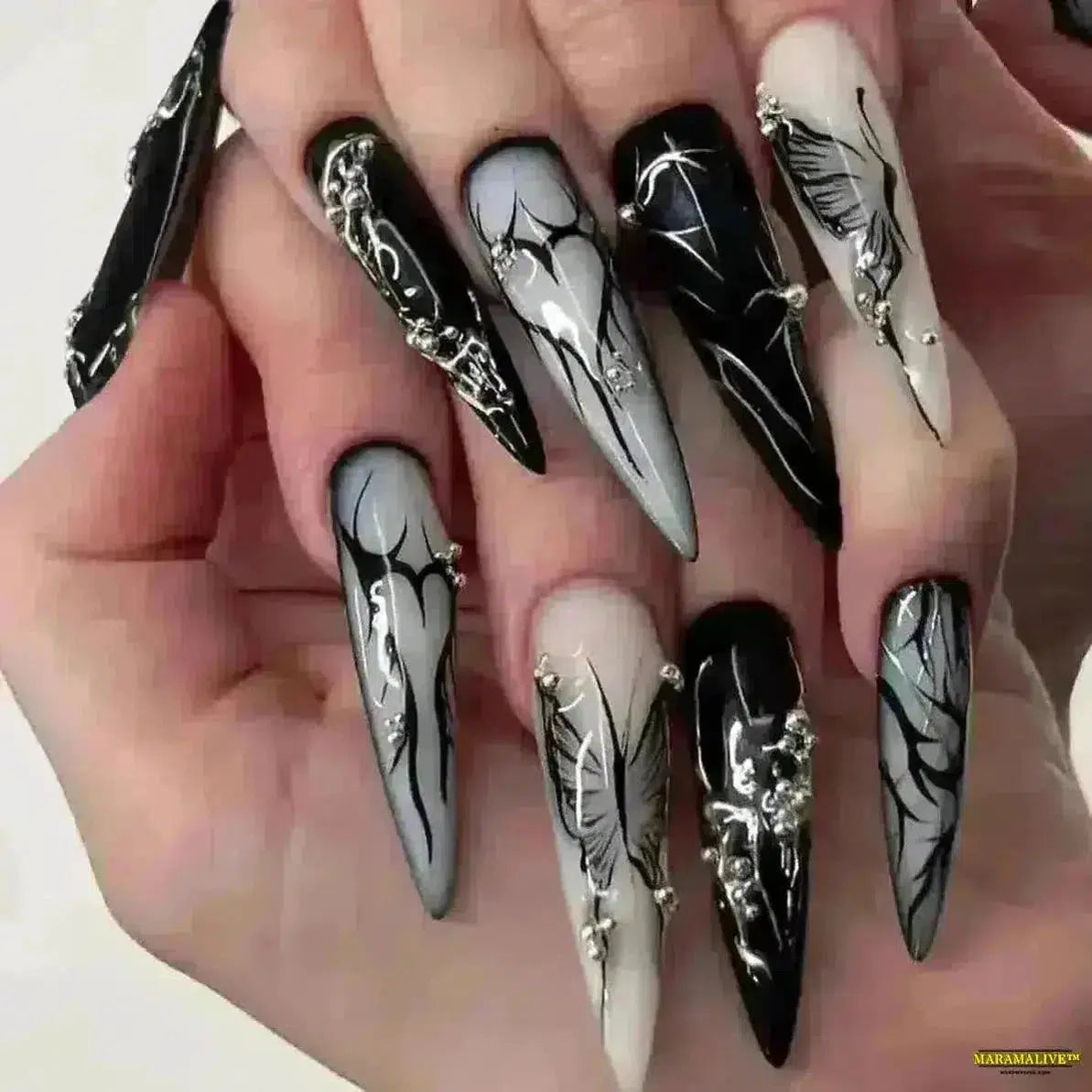 Gothic Bat & Shiny Purple Dragon Pattern Red Flame Cross Long Pointed False Nails- Detachable Halloween Press-on Nails