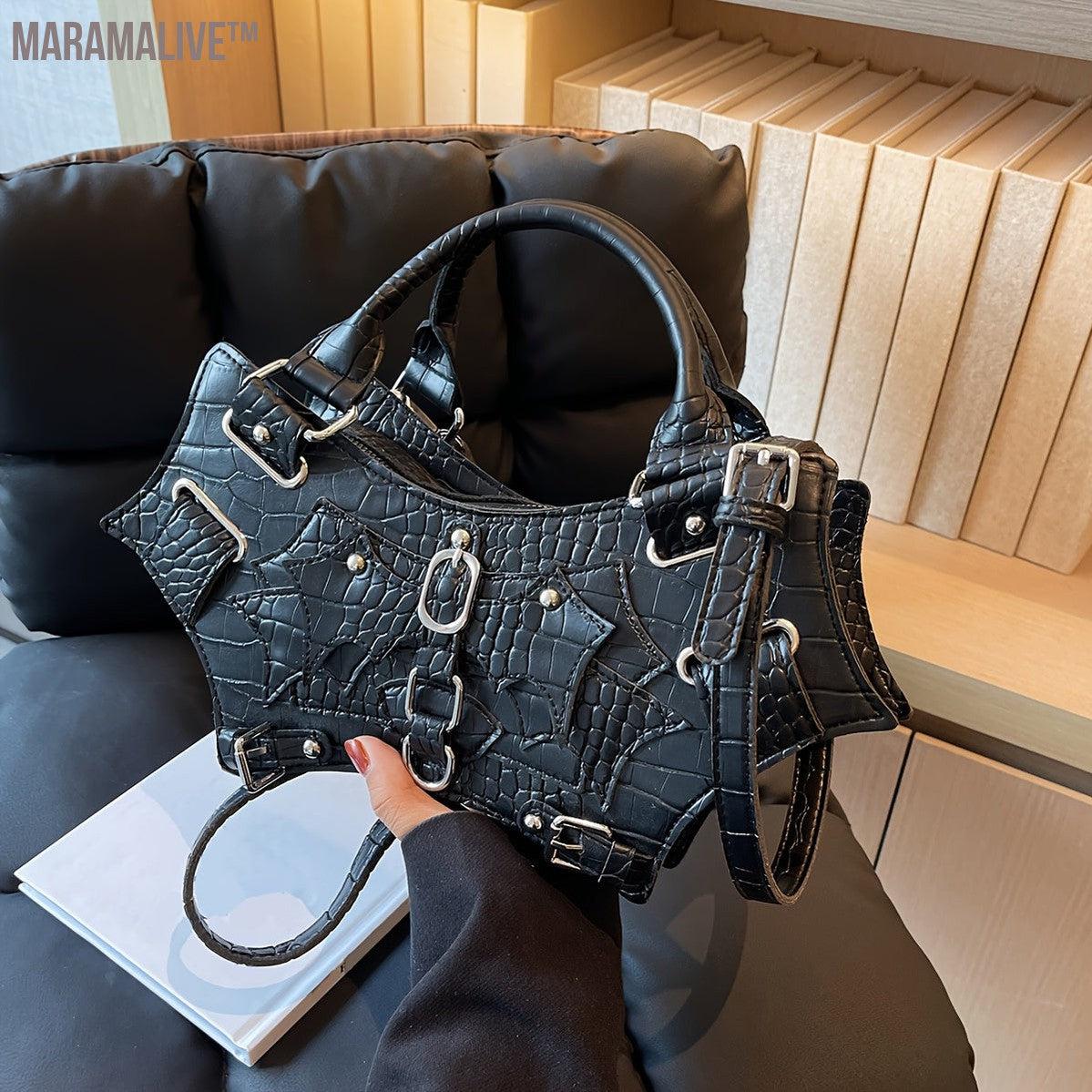 Gothic Bat Wing Shaped Shoulder Bag, Rock Steampunk Style Rivet Satchel Handbag, Y2K Style Novelty Crossbody Bag Purse For Cosplay Party, Music Festival