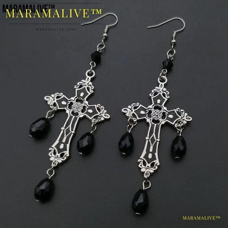 Gothic Black Cross Garnet And Crystal Chandelier Earrings La