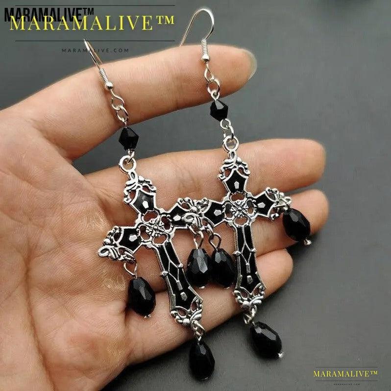 Gothic Black Cross Garnet And Crystal Chandelier Earrings La