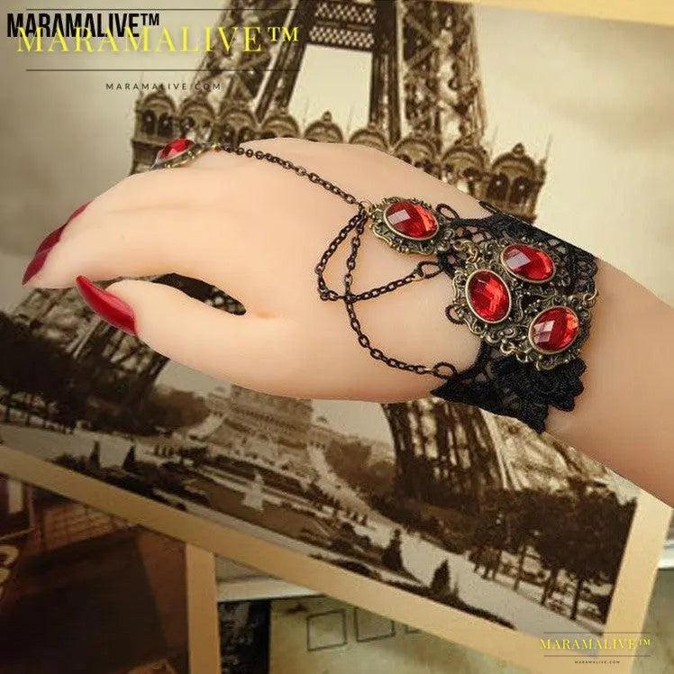 Gothic Black Lace Bracelet - Steampunk, Wrist cuff and ring