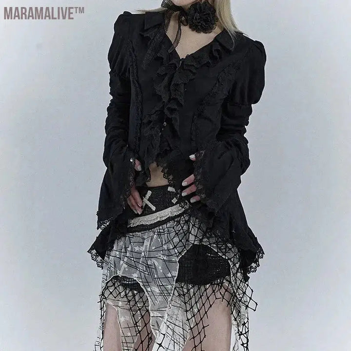 Gothic Black Lace Shirt Dark Aesthetic Irregular Blouses Yamamoto Style Grunge Flare Sleeve V-neck Shirt Vintage Y2k Emo