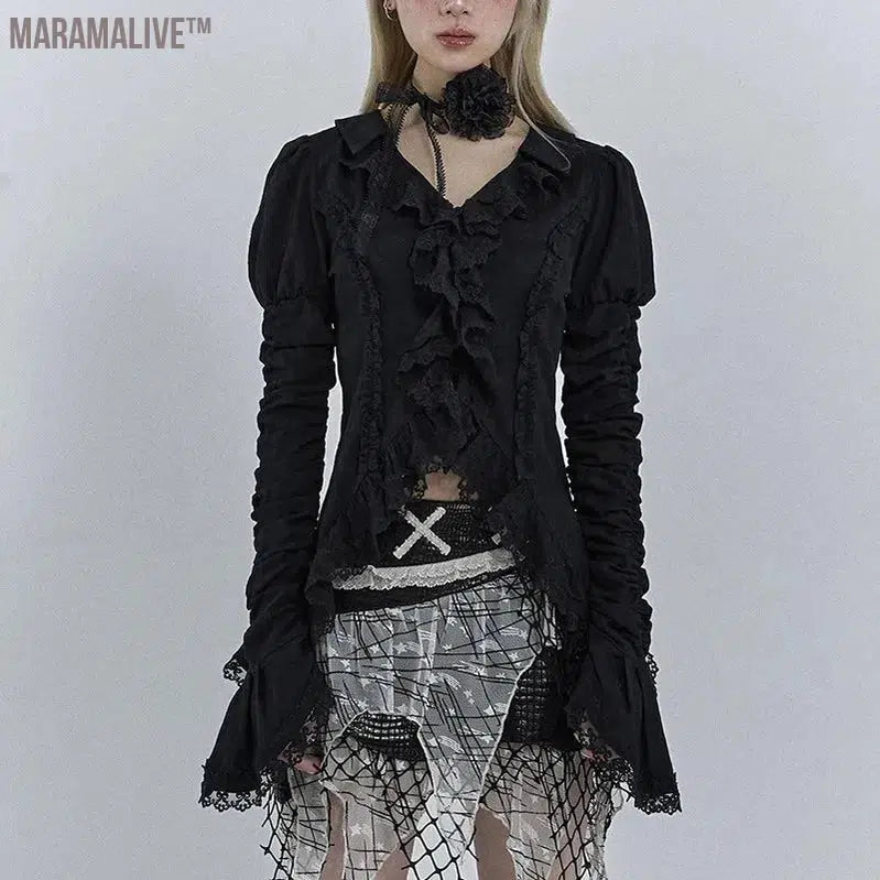 Gothic Black Lace Shirt Dark Aesthetic Irregular Blouses Yamamoto Style Grunge Flare Sleeve V-neck Shirt Vintage Y2k Emo