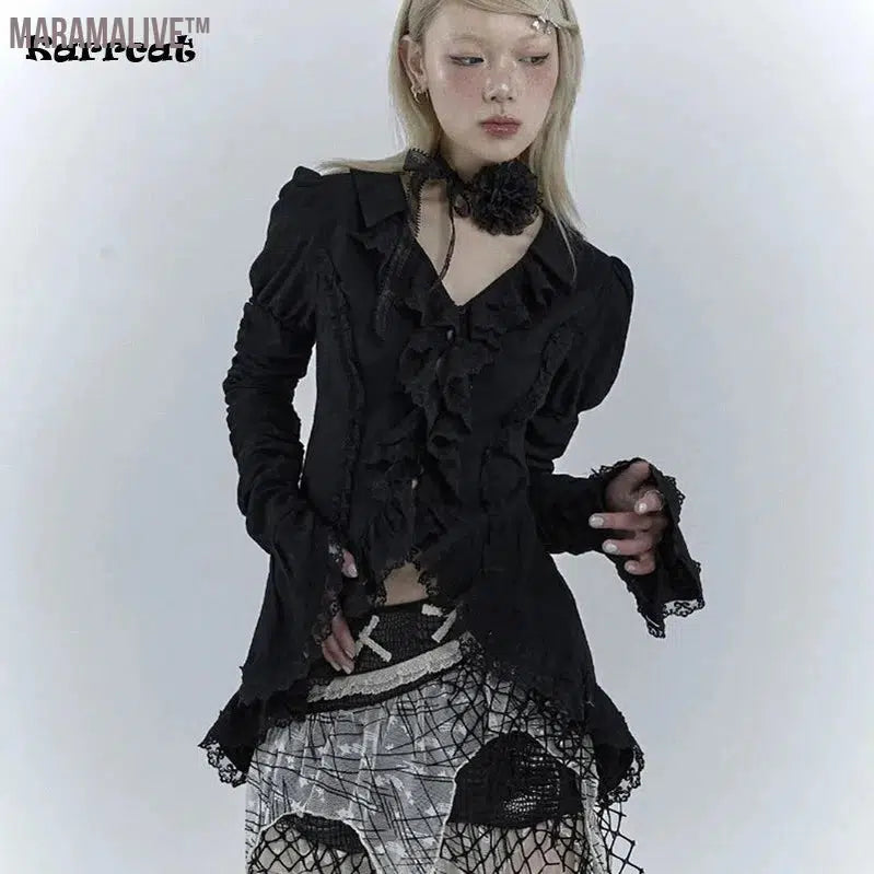 Gothic Black Lace Shirt Dark Aesthetic Irregular Blouses Yamamoto Style Grunge Flare Sleeve V-neck Shirt Vintage Y2k Emo