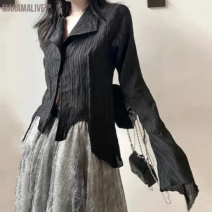 Gothic Black Shirt Yamamoto Style Dark Aesthetic Blouse Women Irregular Designer Clothes Emo Alt Clothes Grunge Tops Y2k