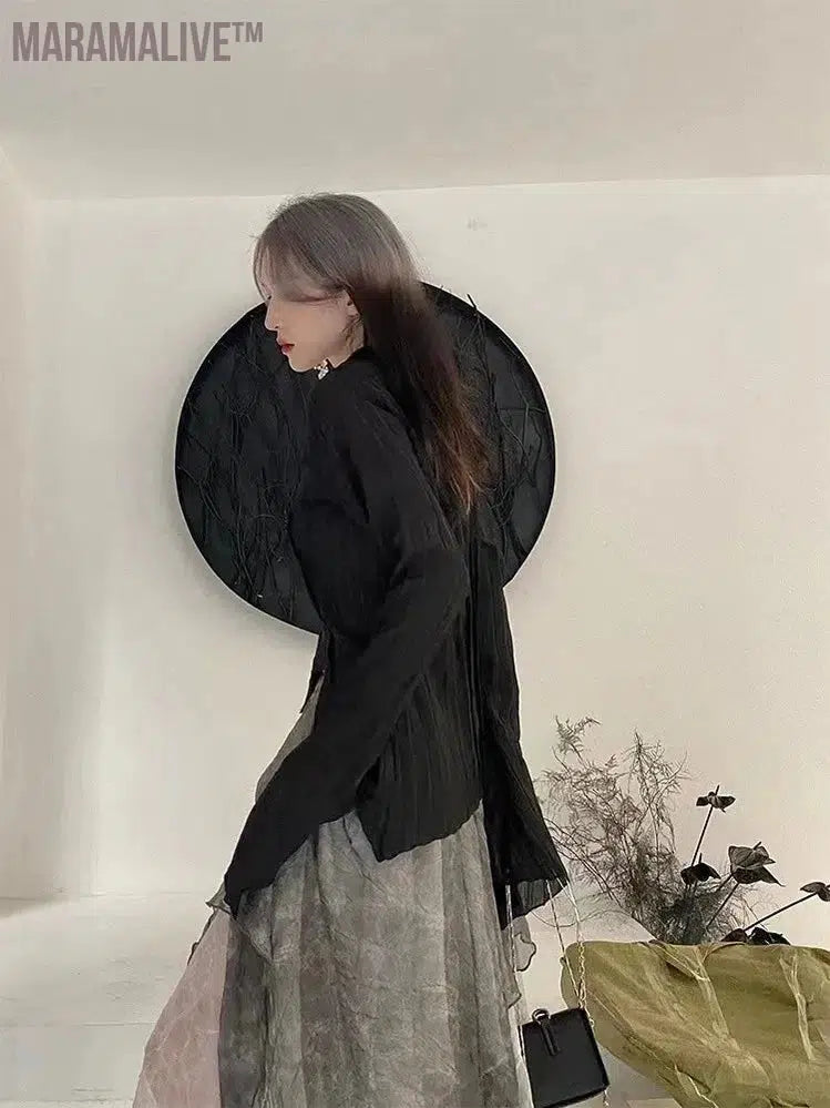 Gothic Black Shirt Yamamoto Style Dark Aesthetic Blouse Women Irregular Designer Clothes Emo Alt Clothes Grunge Tops Y2k