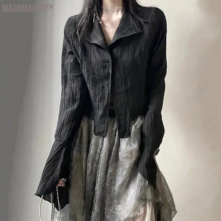 Gothic Black Shirt Yamamoto Style Dark Aesthetic Blouse Women Irregular Designer Clothes Emo Alt Clothes Grunge Tops Y2k