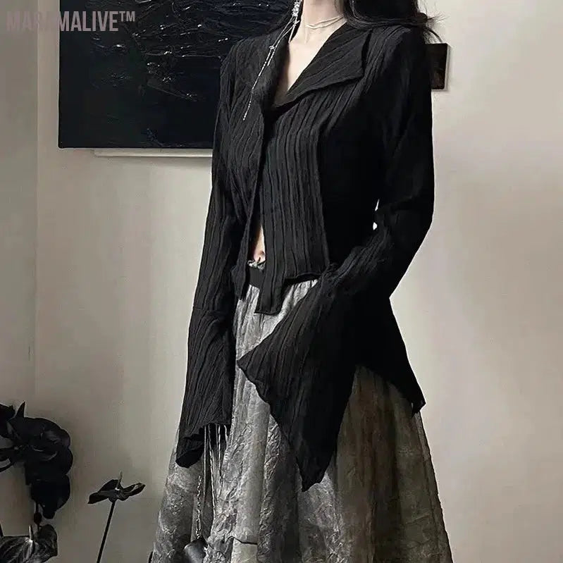 Gothic Black Shirt Yamamoto Style Dark Aesthetic Blouse Women Irregular Designer Clothes Emo Alt Clothes Grunge Tops Y2k