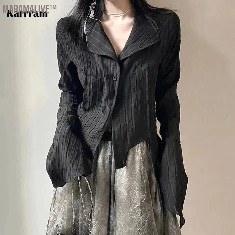 Gothic Black Shirt Yamamoto Style Dark Aesthetic Blouse Women Irregular Designer Clothes Emo Alt Clothes Grunge Tops Y2k