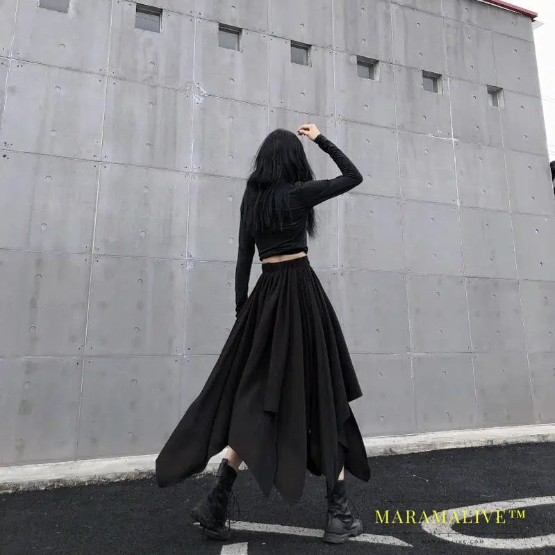 Gothic Black Skirt Dark Black Irregular High Waist Goth Punk Long Vintage Skirt Mid-Calf