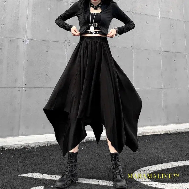 Gothic Black Skirt Dark Black Irregular High Waist Goth Punk Long Vintage Skirt Mid-Calf