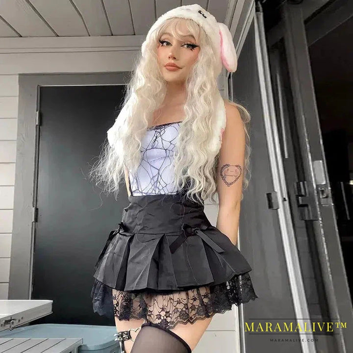 Gothic Cami Tops Y2K Aesthetic Grunge Mall Goth Crop Top Mesh Spider Net Lace Tank Lace Top E-girl Harajuku Slim Tees