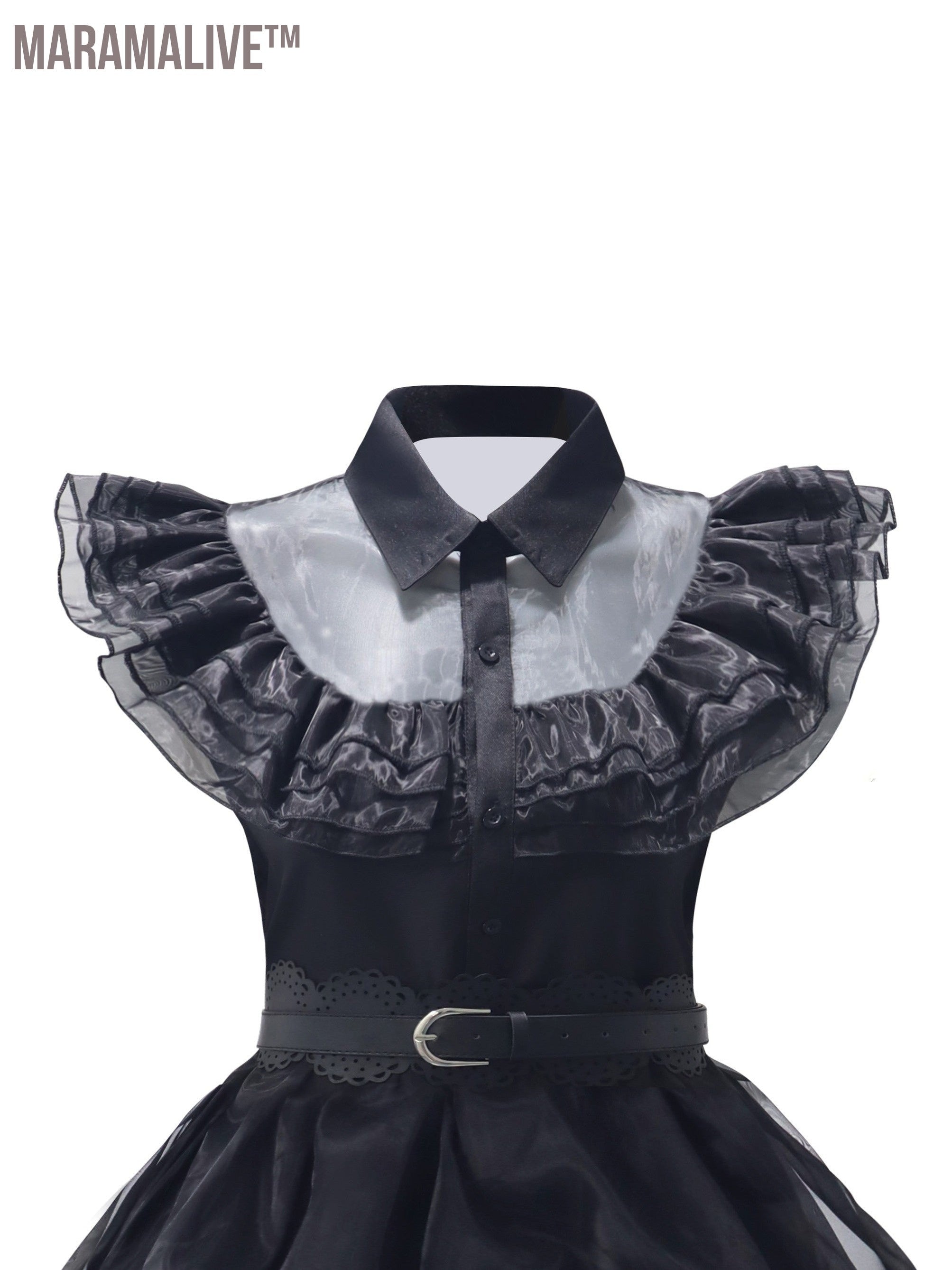 Gothic Cosplay Mesh Dress, Shirt Collar Tiered Goth Dress For Party, Women's Clothing