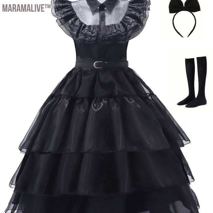 Gothic Cosplay Mesh Dress, Shirt Collar Tiered Goth Dress For Party, Women's Clothing