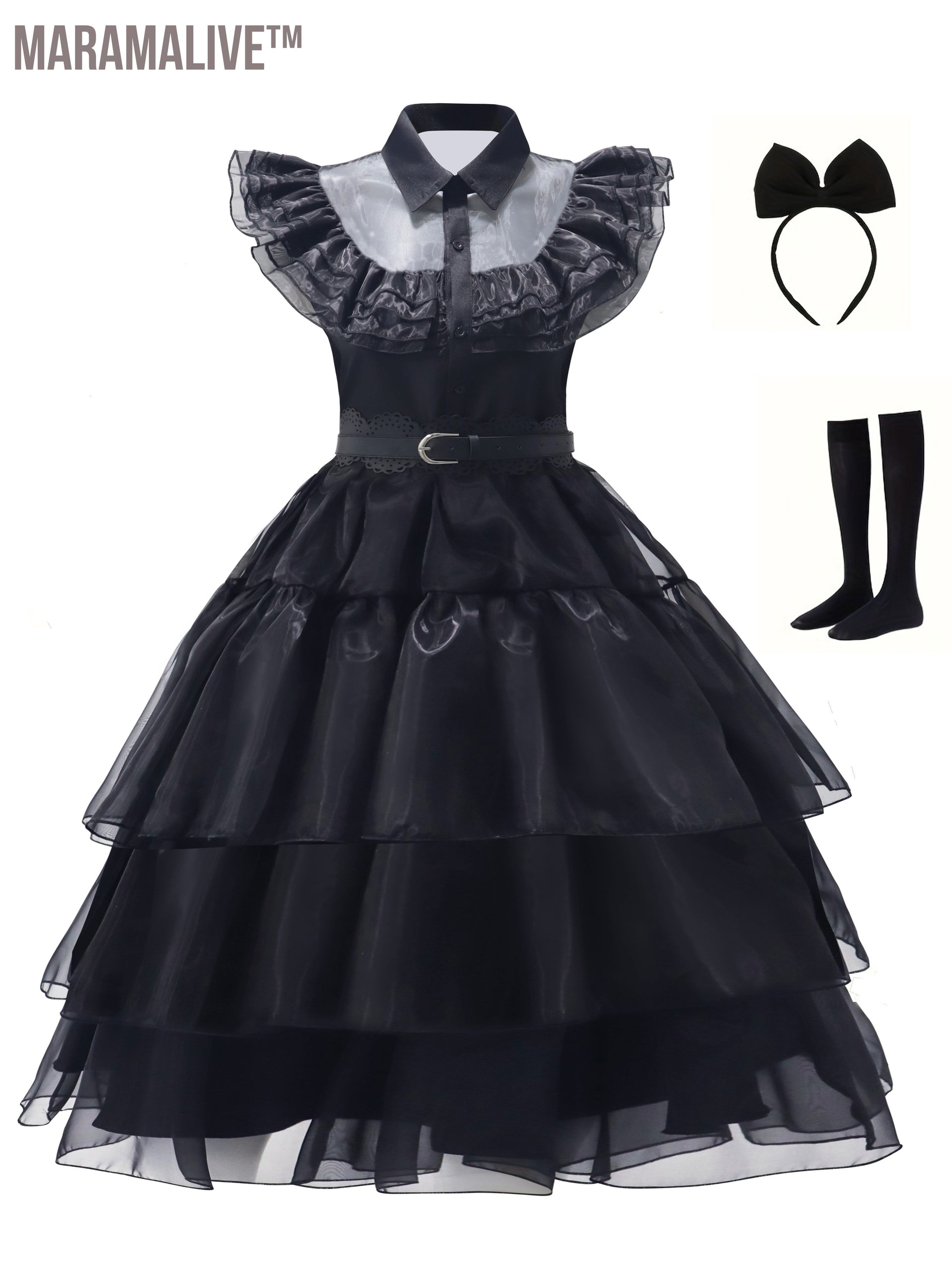 Gothic Cosplay Mesh Dress, Shirt Collar Tiered Goth Dress For Party, Women's Clothing