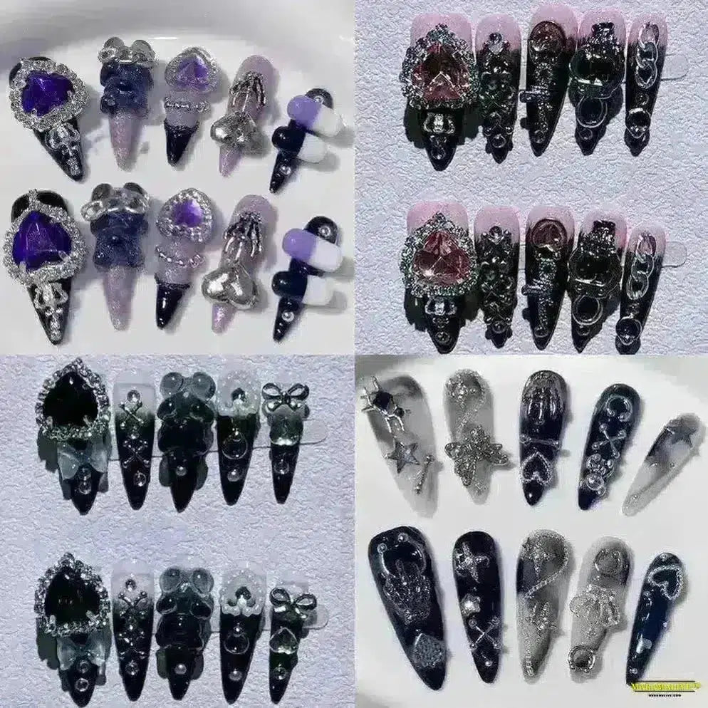 Gothic Dark Love Diamond False Nails: Spicy Girl Style Long Pointed Handmade Press-Ons with Metallic Pendants