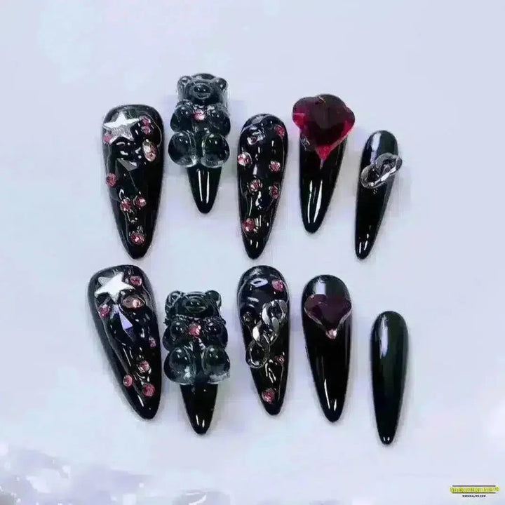 Gothic Dark Mine Series - Dynamic Artwork Long Pointed Fake Nails with Silver Streak Decoration and Purple Heart Shaped Diamond