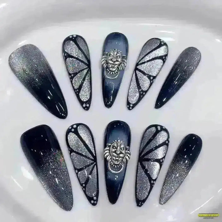 Gothic Dark Mine Series - Dynamic Artwork Long Pointed Fake Nails with Silver Streak Decoration and Purple Heart Shaped Diamond