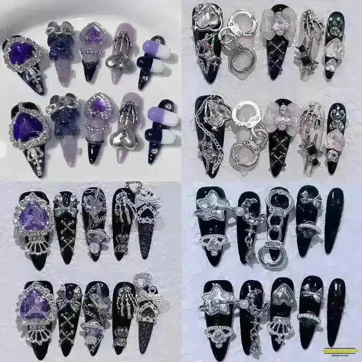 Gothic Dark Mine Series - Dynamic Artwork Long Pointed Fake Nails with Silver Streak Decoration and Purple Heart Shaped Diamond