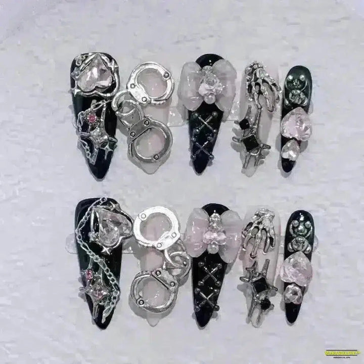 Gothic Dark Spicy Girl Style Handmade Press-On Almond-Shaped Nails with Dynamically Artistic Dragon Punk Metal Accents